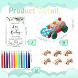 Baby Shower Game Sign Kit Includes 32 Unfinished Wooden Car Blocks, 12 Markers, And A Prize Decoration Sign For Baby Shower(Leaf)