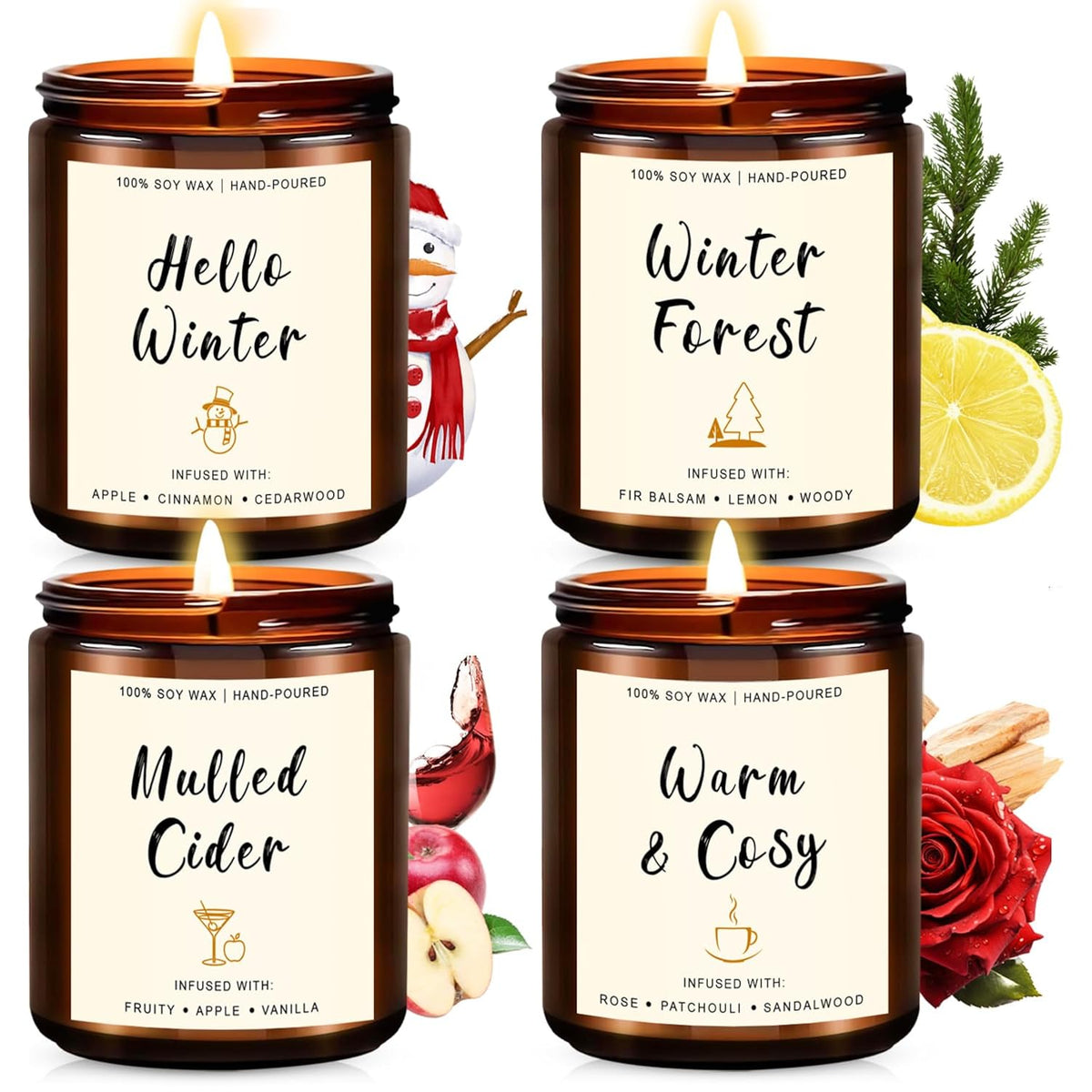 Christmas Scented Candle Gift Set For Women – 4 Pack Winter Soy Candles With Apple Cinnamon, Fir Balsam, Mulled Cider, Sandalwood – Holiday Gifts For Her, Home Décor