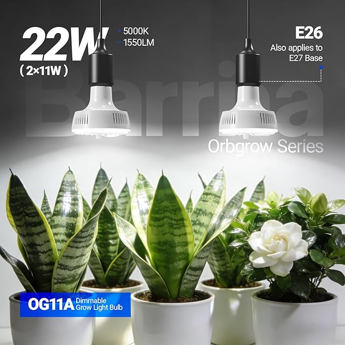 Orbgrow OG11A Grow Light Bulbs 2 Pack Full Spectrum E26 Plant Lights with Timer
