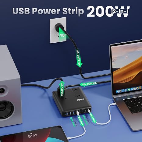 200W Charging Station 12 in 1 Power Strip 4 AC 4 USB A 4 USB C 5FT