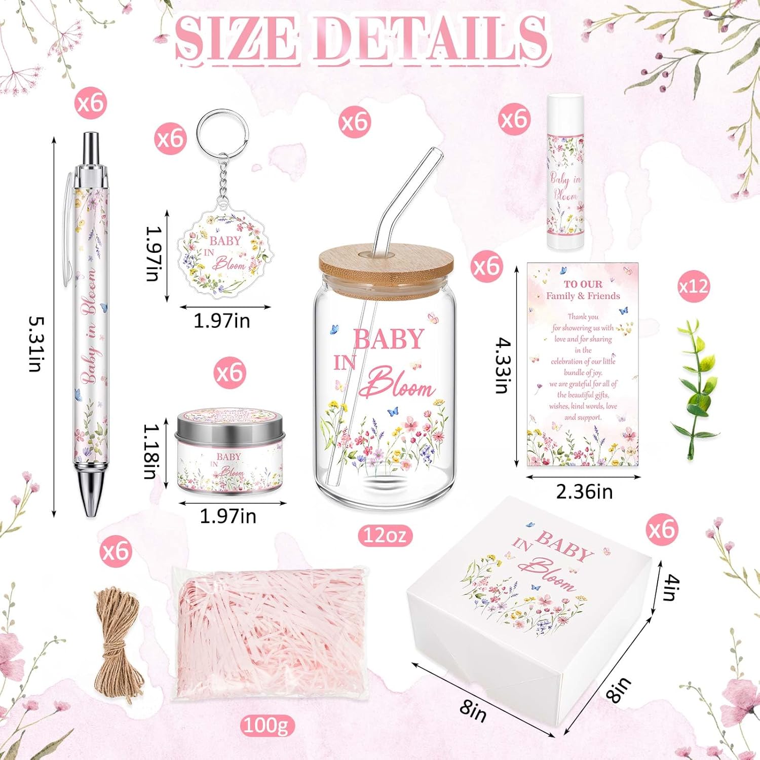 6 Sets 72 Pcs Baby Shower Prizes For Game Favors Include Glass Cups Baby Shower Winners Present Box Lipstick Pen Candle Keychain Guests Wedding Gift(Wildflower)