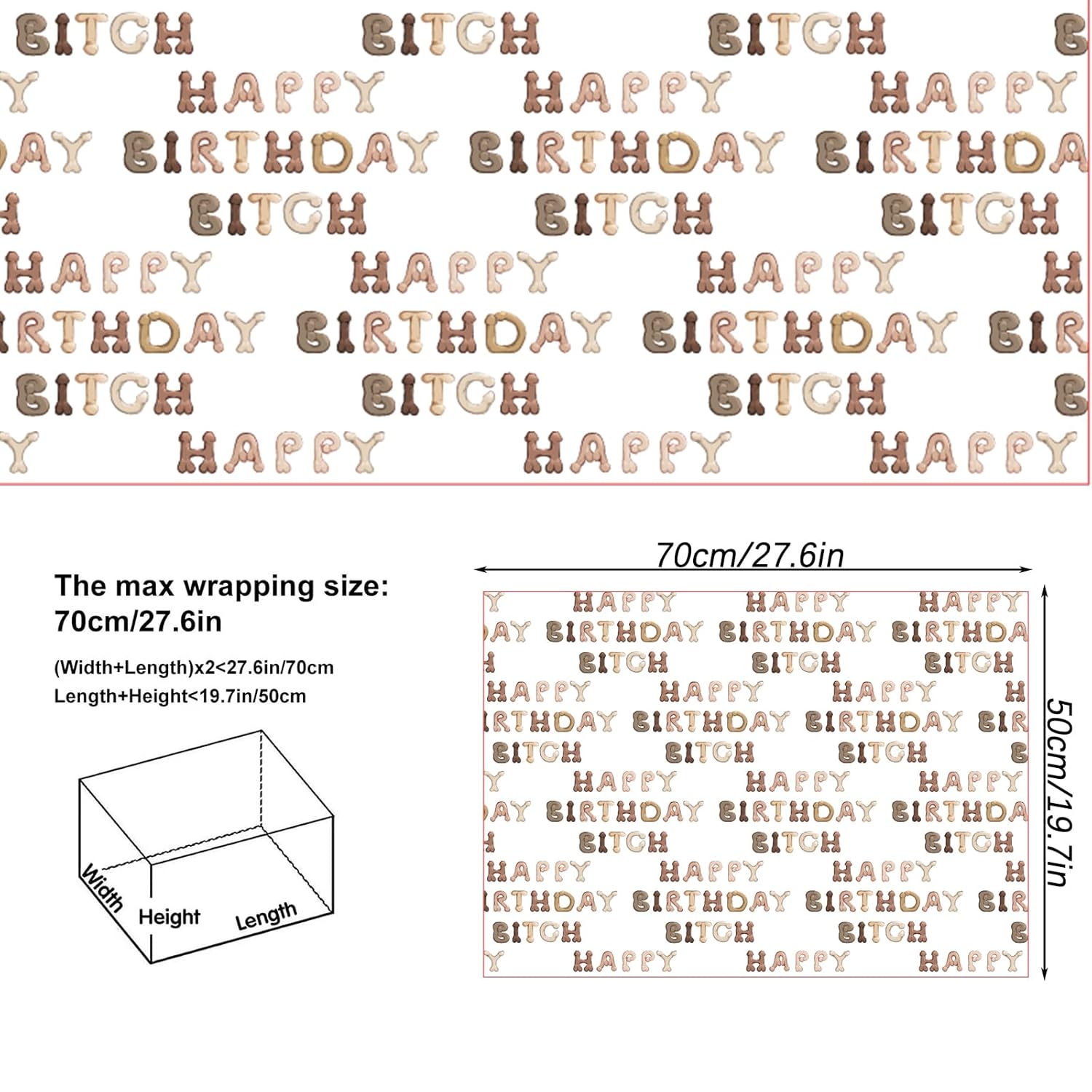 Funny Shape Alphabet Wrapping Paper - Happy Birthday Bixxh - Rude For Men, Women, Adults - 19.6 X 27.8 Inches (6 Sheets)