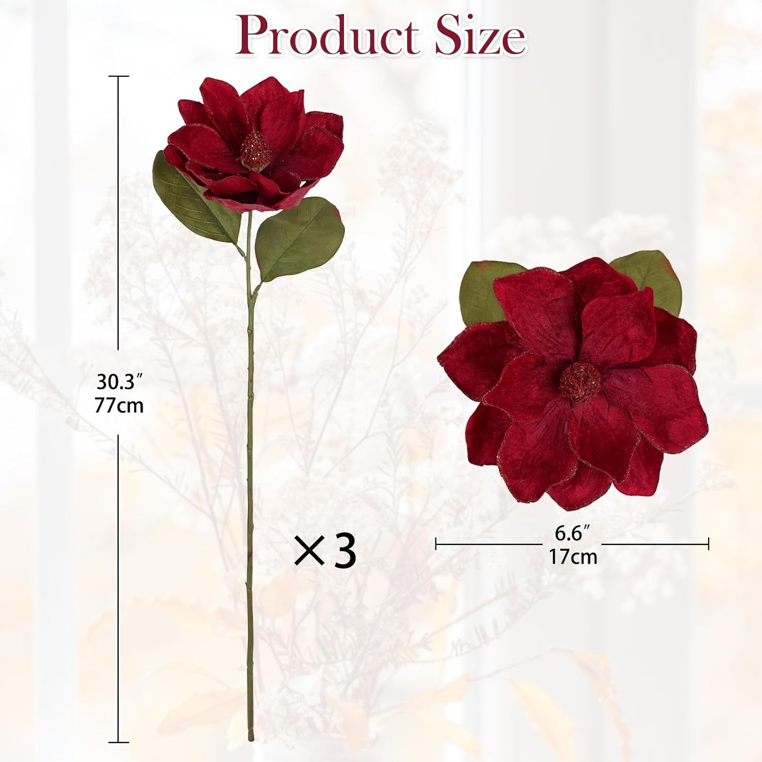 Set Of 3 Artificial Christmas Magnolias Flowers – 30’’ Long Stem Faux Magnolia Stems For Tree Ornaments, Holiday Centerpieces & Christmas Decor,Dark Red