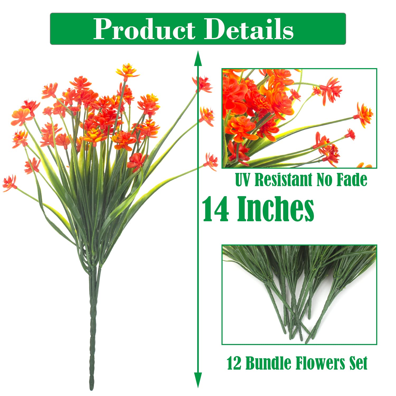 Artificial Fake Flowers, 12 Bundles Outdoor Uv Resistant Greenery Shrubs Plants Indoor Outside Hanging Planter Home Garden Décor (Orange)