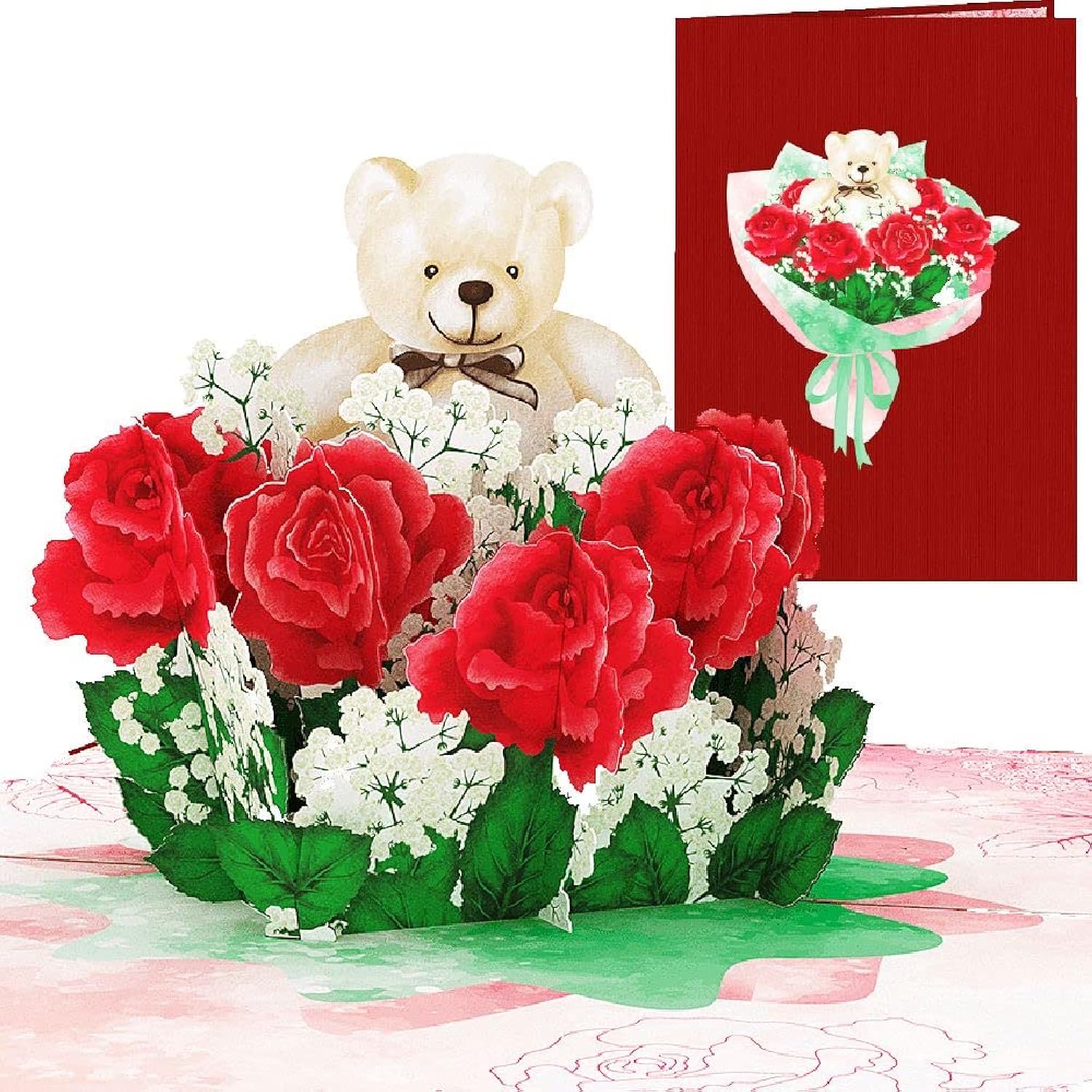 Rose Teddy Bear Valentines Day 3D Greeting Pop Up Card, Happy Valentines Day Card For Wife, Girlfriend, Her, Mother, Mom, Women, Romantic, Anniversary Card, Engagement,With Envelop,Size 7X5 Inch