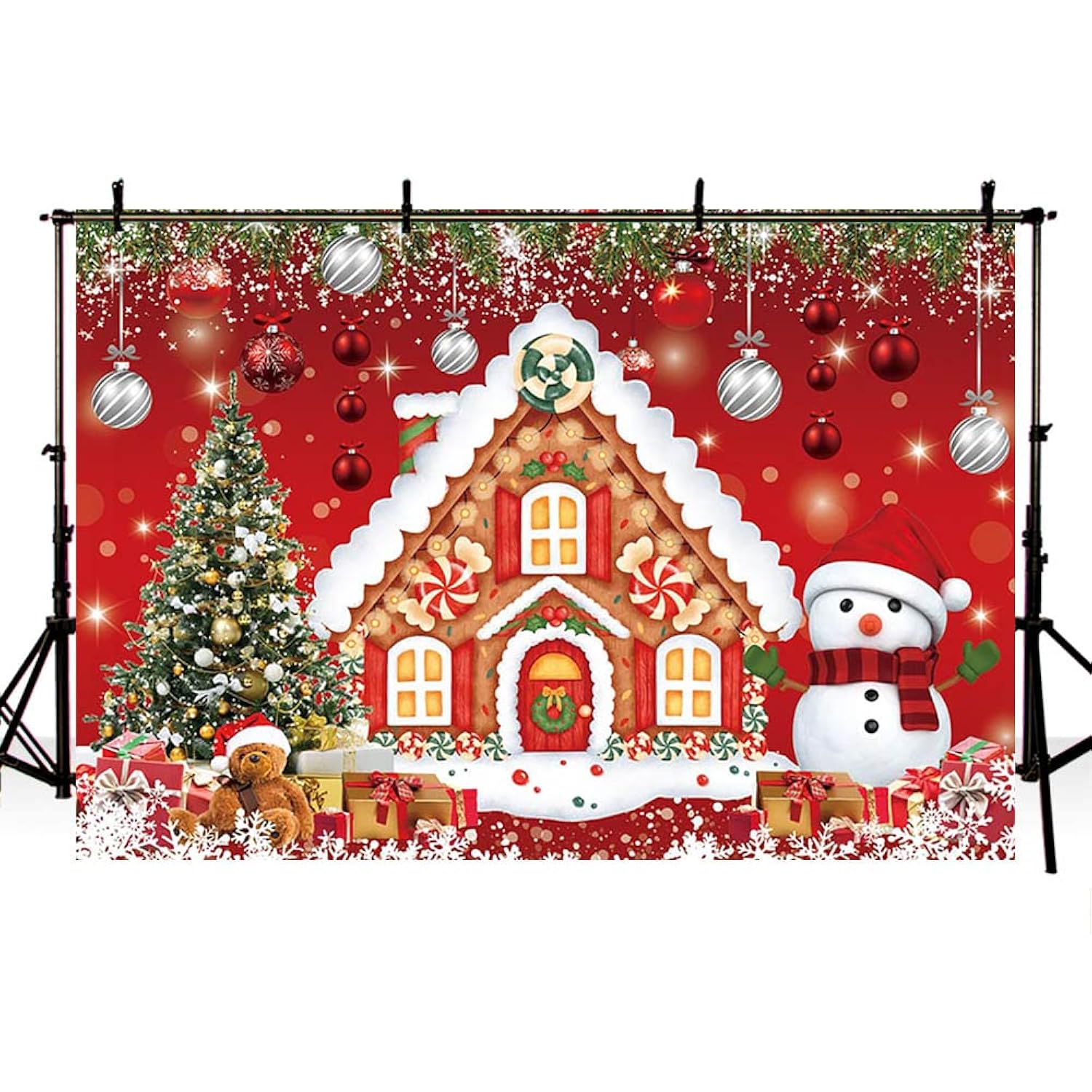10X7Ft Christmas Gingerbread House Backdrop For Photography Winter Merry Xmas Tree Snowman Santa Party Decorations Supplies Baby Shower Birthday Banner Photography Background Photo Booth Props