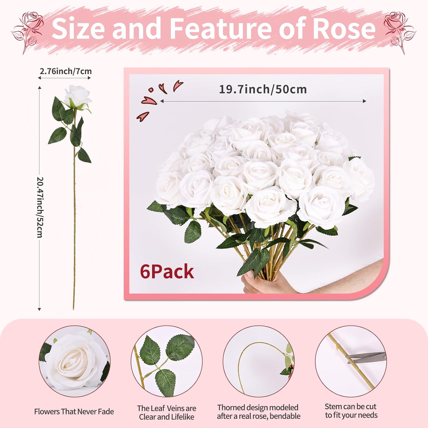 6 Pcs Fake Roses Artificial Flowers Bulk, White Roses Bridal Bouquet Silk Faux Rose With Stems For Wedding Flowers Decoration, Valentine'S Day, Anniversary,Home Decor (6Pcs, White)