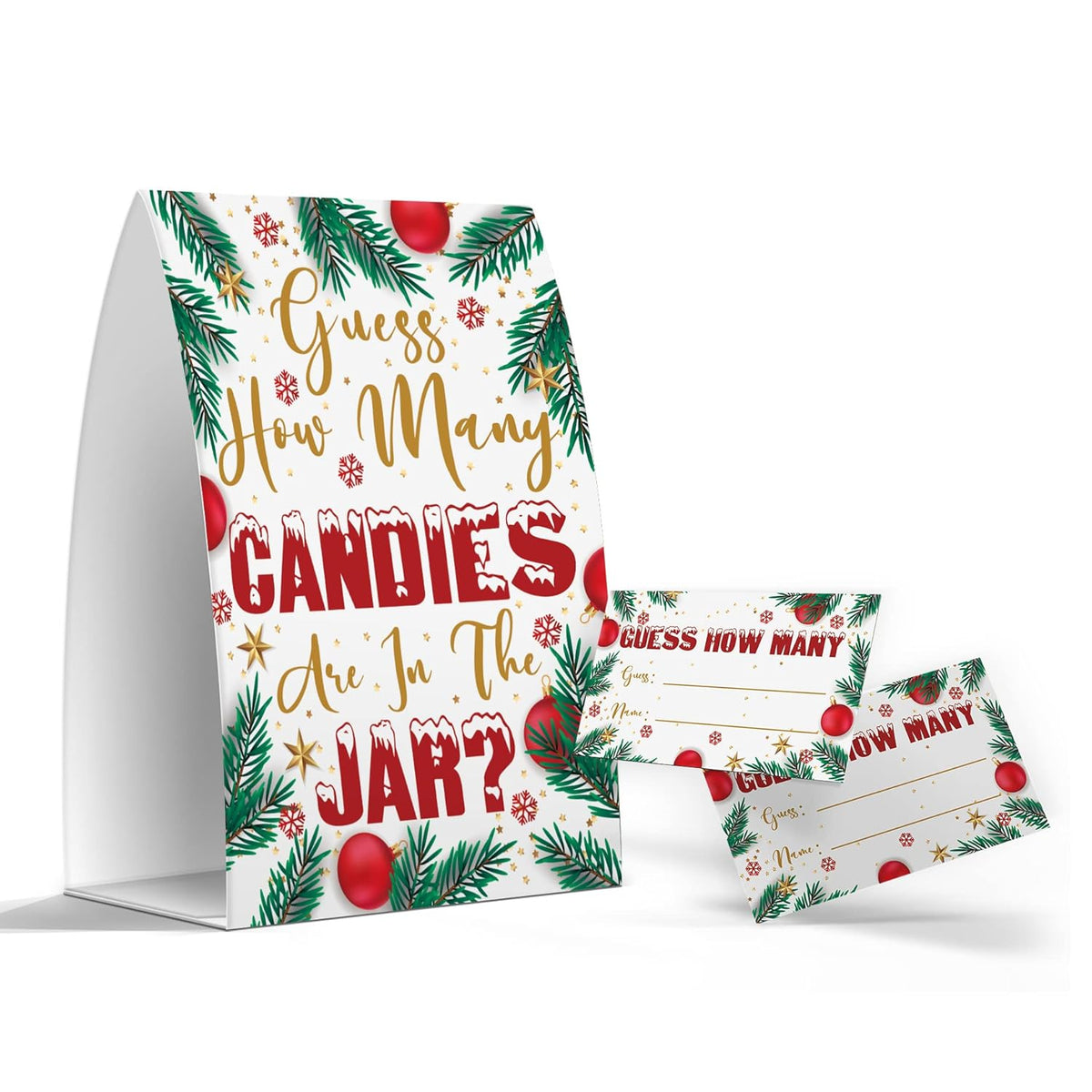 How Many - Candy Guessing Game, Christmas Party Games, Christmas Decorations, 1 Sign And 50 Game Cards, Baby Shower Games, Birthday Party (Green + Red)