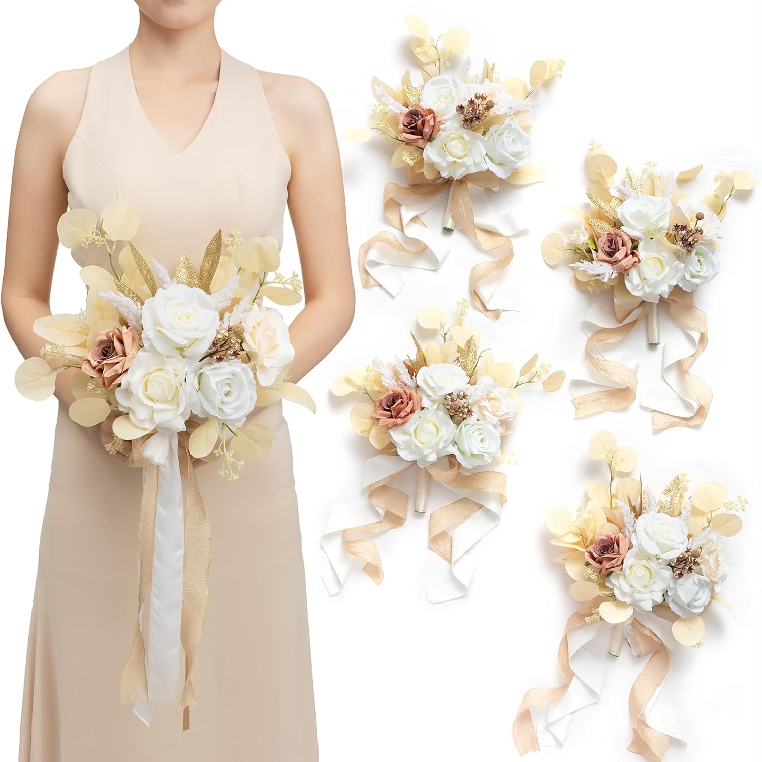Artificial Bridesmaid Bouquets Set Of 4,Boho Wedding Flower Bouquets White Beige Floral Bouquet Ivory Bridesmaid Bouquets With Ribbon Ceremony,Anniversary,7-Inch Diameter