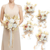 Artificial Bridesmaid Bouquets Set Of 4,Boho Wedding Flower Bouquets White Beige Floral Bouquet Ivory Bridesmaid Bouquets With Ribbon Ceremony,Anniversary,7-Inch Diameter