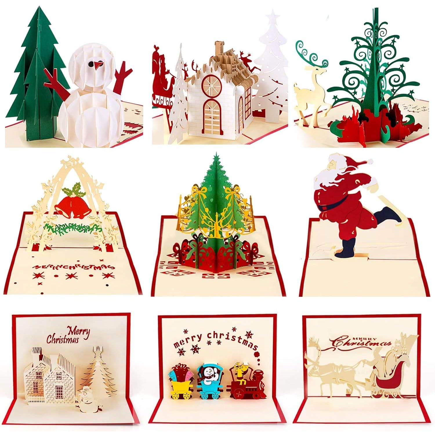 9 Pack 3D Christmas Cards Pop Up Holiday Postcards Greeting Handmade Holiday Xmas Cards & Envelopes For New Year
