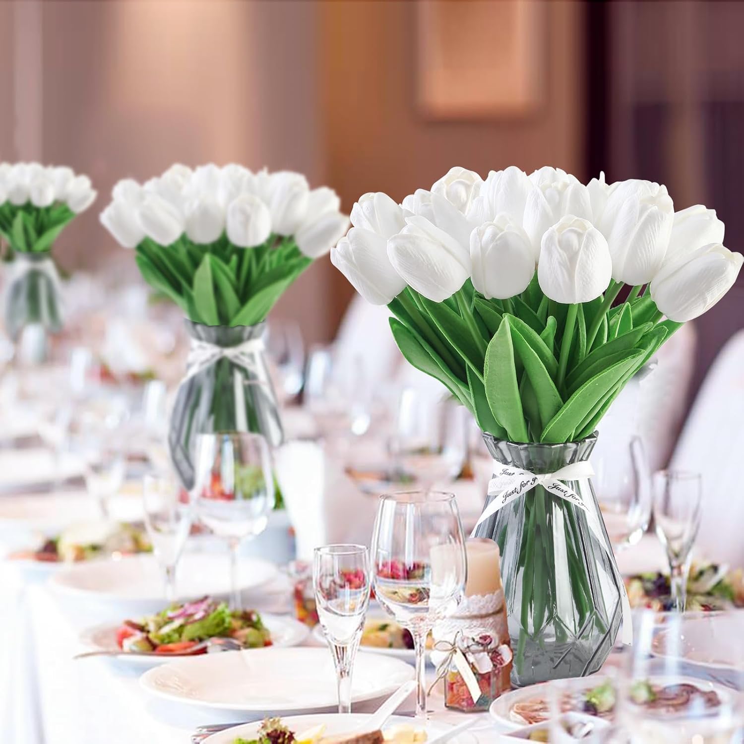 20 Pcs Fake Tulips Artificial Flowers For Decor -13.5 Inch Faux Flower Tulip Bulk Real Touch Pu Artifical Flowers For Home Kichen Living Room Decoration Valentine'S Mother'S Gifts (White)