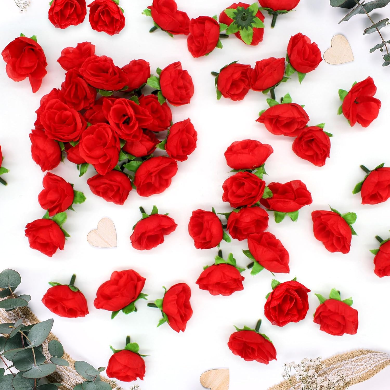 50Pcs Artificial Roses Fake Roses 1.6" Flowers Bulk For Decoration, Red Mini Small Real Looking For Wedding Bouquets Bridal Shower Centerpieces Party Table Decoration