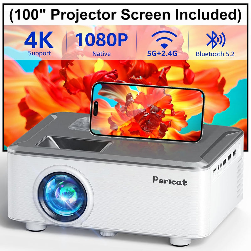 5G WiFi Bluetooth Projector, 1080P, 15000L, 100" Screen, 15W Speaker, Outdoor