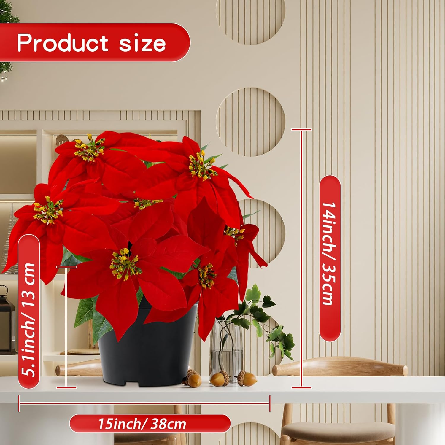 14" Poinsettias Artificial Christmas Flowers 9 Heads Faux Poinsettia Plants For Home Porch Garden Office Indoor Outdoor Christmas Decorations Red