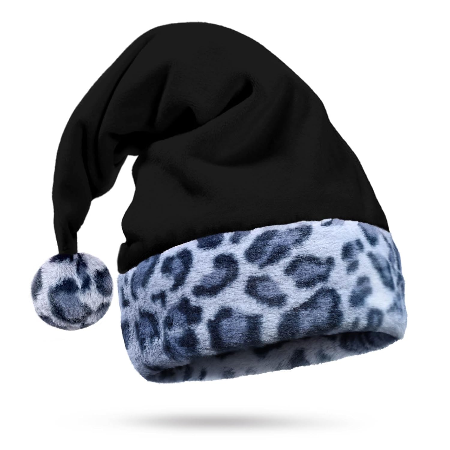 Black Santa Hat - Gray Snow Leopard Trim, Faux Fur - Furry Blue Cheetah Print, Plush Xmas Christmas Accessory - Adult, 1 Size
