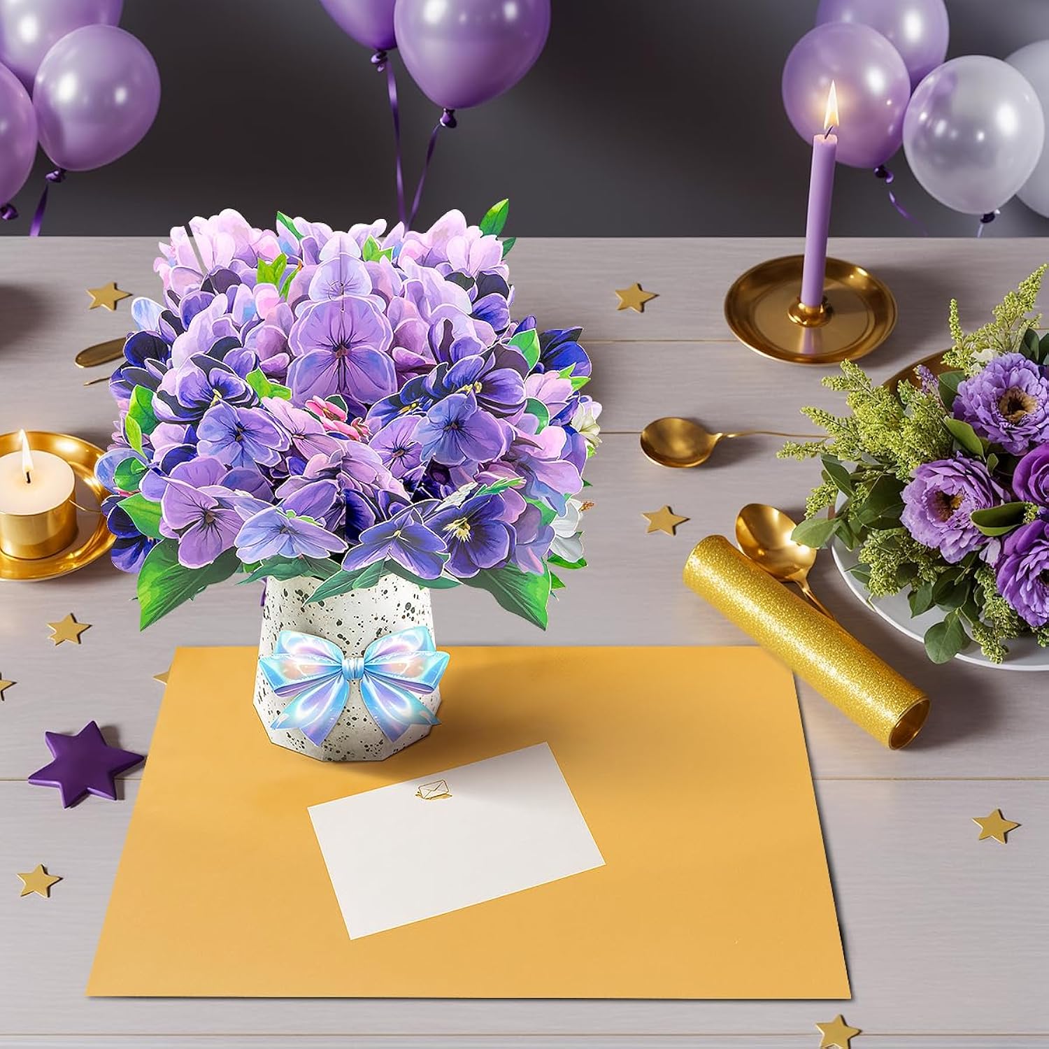 Violet Flower Bouquet Pop Up Cards, Valentine'S Day Card, Mother'S Day Pop Up Flower, With Note Card And Envelope, Thinking Of You, Happy Holiday, For Mom, Her, Friends.