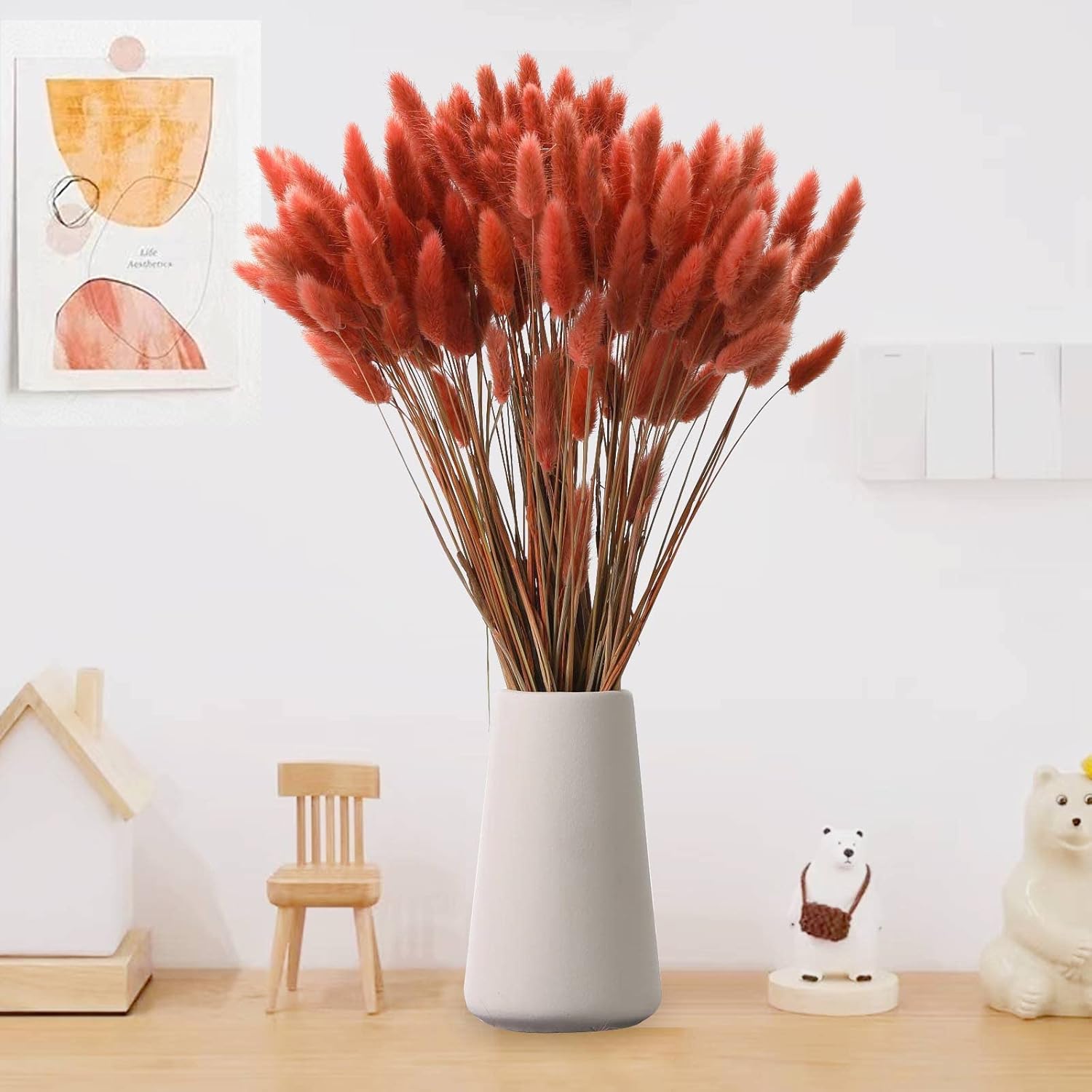 Natural Bunny Tails Dried Flowers - 120 Pcs Rabbit Tail Grass, Lagurus Ovatus For Boho Decor, Dried Pampas Grass Dry Flower Arrangements For Wedding Party Home Kitchen Office Decorations (Retro Pink)