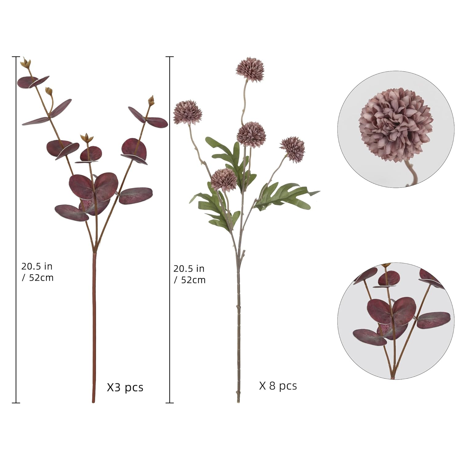 Faux Silk Pompom Mum Artificial Flowers,8 Stems Purple Fake Kiku Flower With 3 Branches Real Touch Eucalyptus Stems For Wedding Bouquet Home Party Floral Arrangements(Purple)