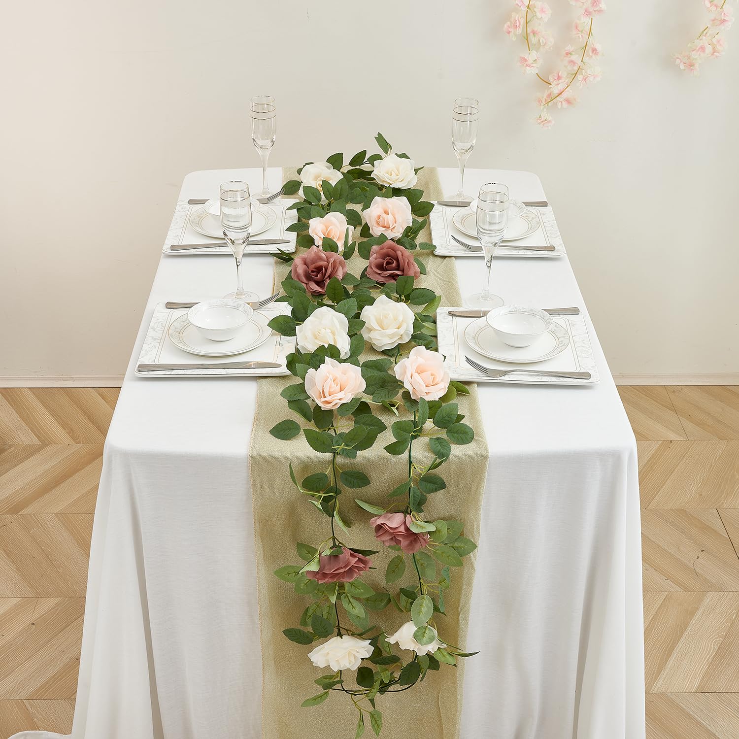 Artificial Rose Garlands Rose Vines Leaves Banners Hanging Floral Garland Fake Rose Flower Vine For Wedding Arch Ceremony Home Garden Outdoor Party Wall Decorations