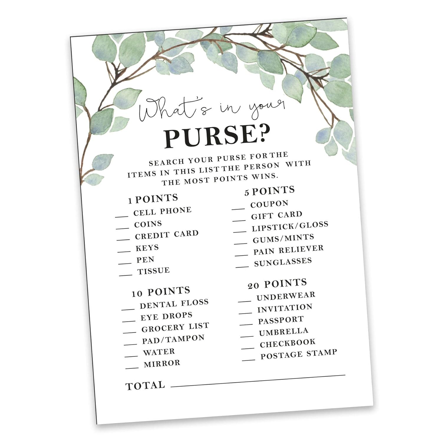 50-Pack Greenery Whats In Your Purse Bridal Shower Game Wedding Shower Bachelorette Party Bulk Activity Game Cards