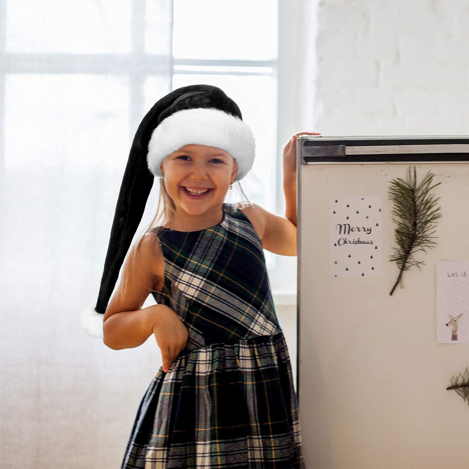 2 Pcs Santa Hat, Adults 30 Inch Black And Red Plush Deluxe Long Christmas Xmas Hat For Festival