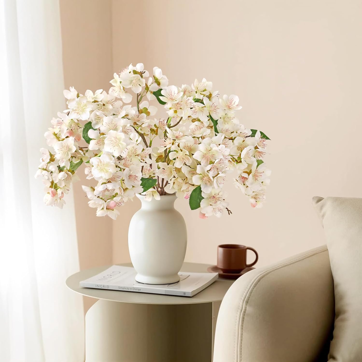 Artificial Cherry Blossom Branches 6Pcs Fake Flowers Artificial Faux Silk Flowers Plum Tree Blossom Fake Plants Arrangement For Spring Diy Home Wedding Table Office Vase Decor (White)
