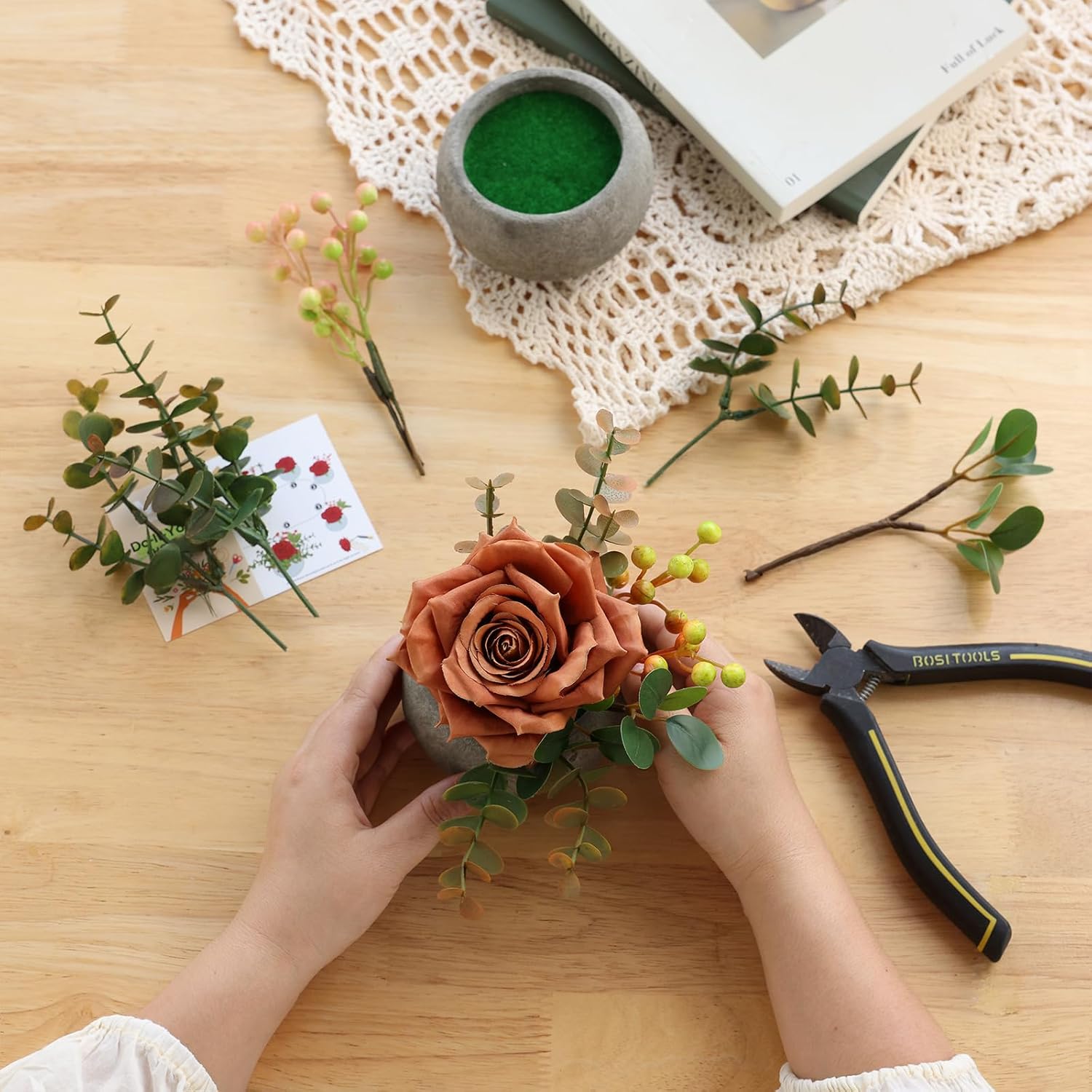 Diy Small Artificial Flowers Potted Kit Fake Flower Realistic Silk Rose And Greenery With Vase For Gifts Table Centerpiece Mantle Office Desk Shelves Living Room Decorations (Orange)