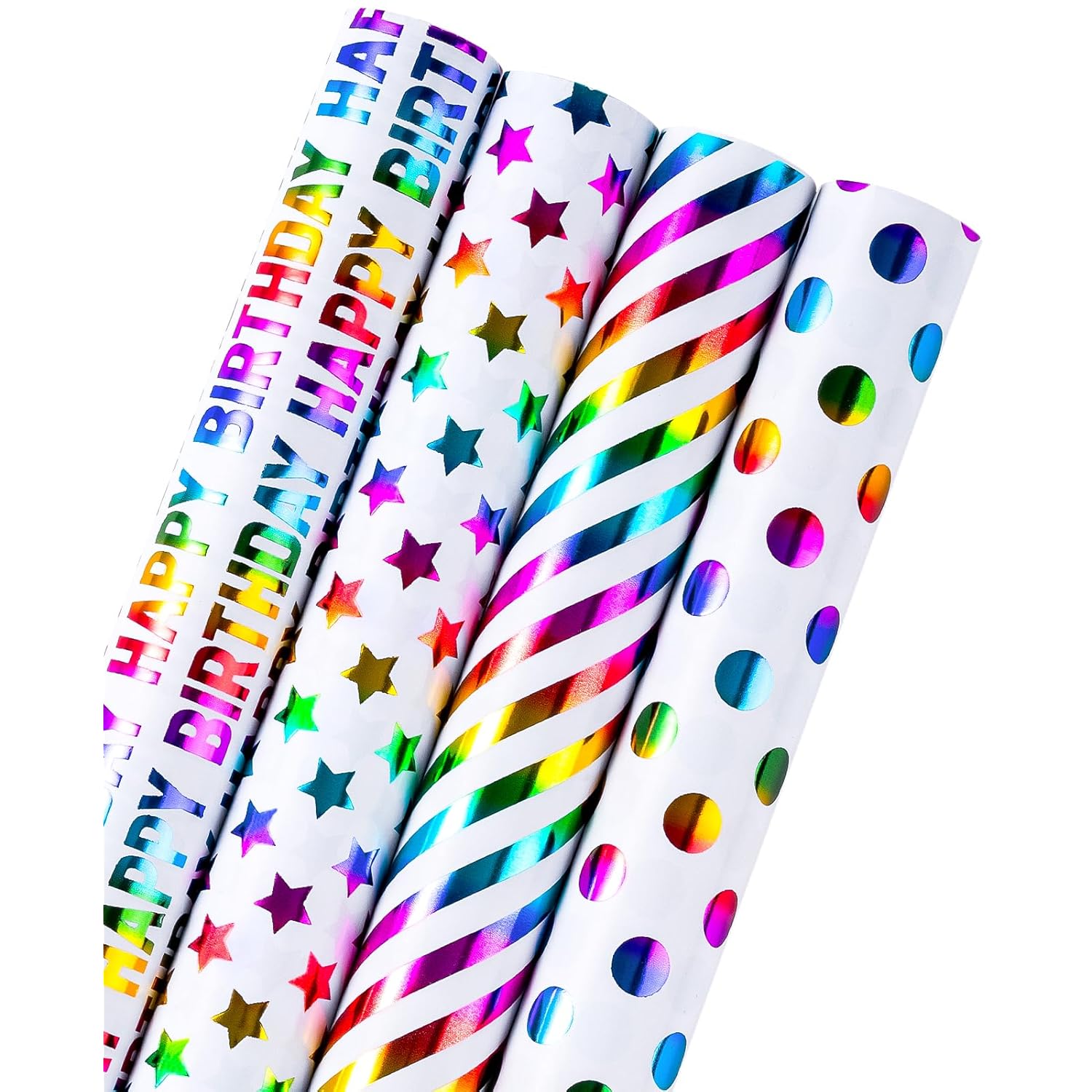30 Inch Birthday Wrapping Paper Roll - Colorful Foil Happy Bday Design For Birthday, Wedding, Baby Shower - 4 Rolls - 30 Inch X 120 Inch Per Roll