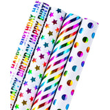 30 Inch Birthday Wrapping Paper Roll - Colorful Foil Happy Bday Design For Birthday, Wedding, Baby Shower - 4 Rolls - 30 Inch X 120 Inch Per Roll