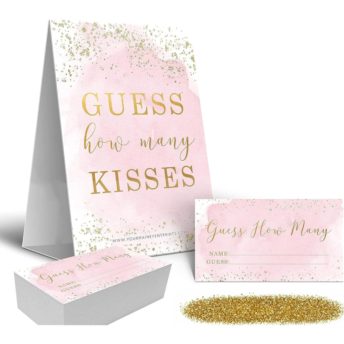 Pink And Gold How Many Kisses Game Sign - Guess How Many - Perfect For Bridal Showers And Weddings - 1 Self-Standing Sign And 50 Guessing Cards