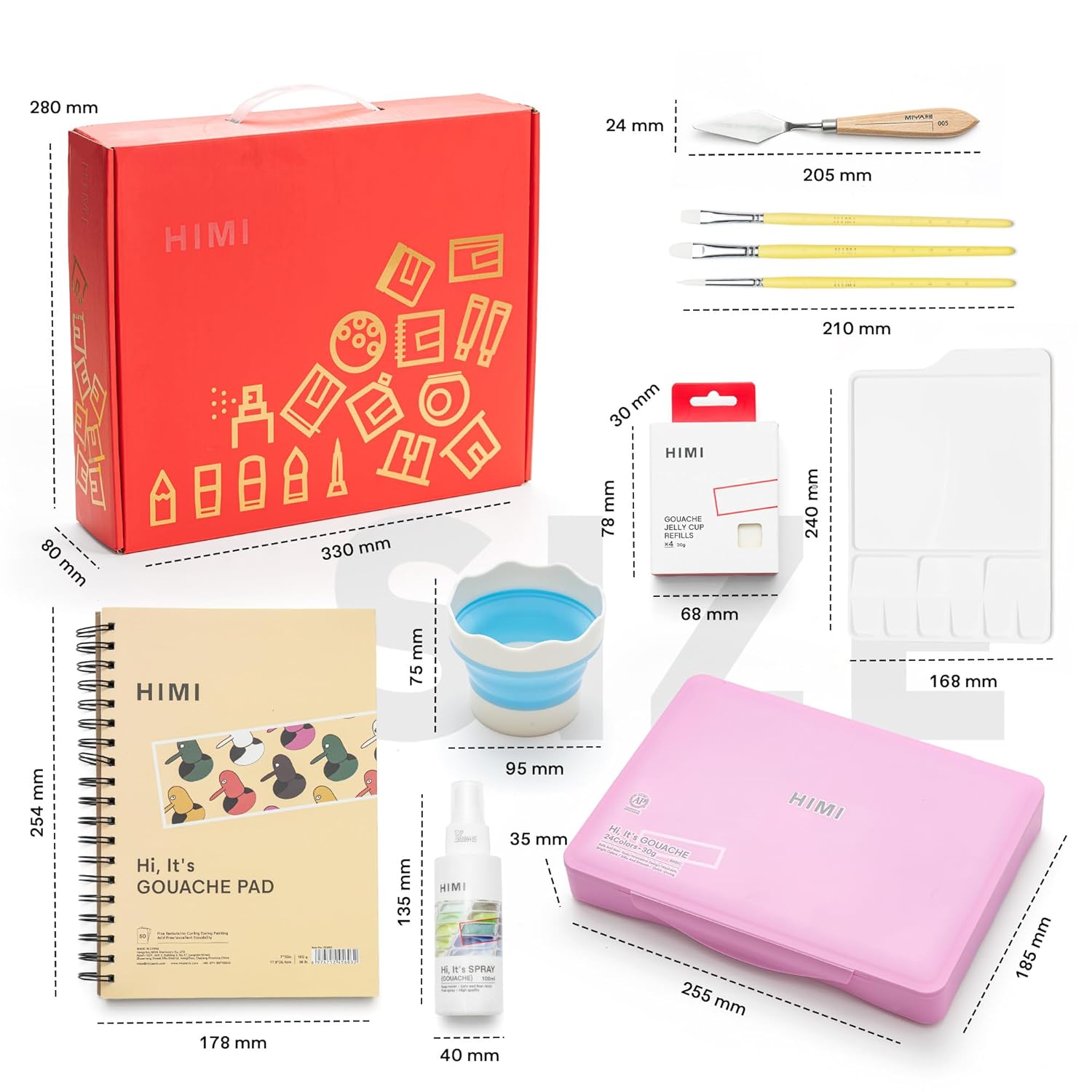 Deluxe 24 Colors Jelly Gouache Paint Gift Set – Complete Art Kit With Pad, Spray, Palette, Brushes, Painting Knife, Foldable Bucket & Refills For Beginners, Students & Artists