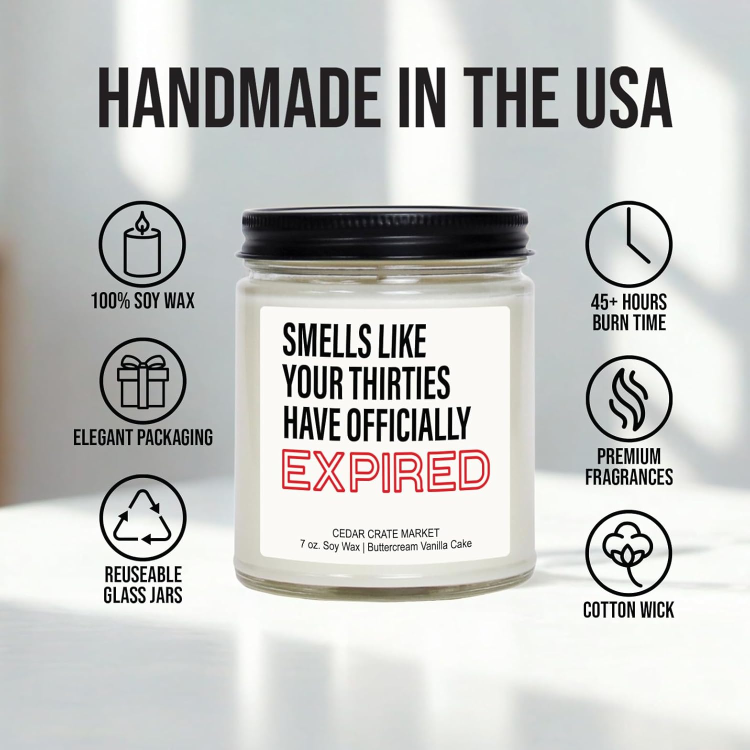 40Th Birthday Gifts For Women – Funny “Your Thirties Have Officially Expired” Buttercream Vanilla Candle, 100% Soy Wax, Handmade Aromatherapy Gift For Wife, Mom, Sister, Friend