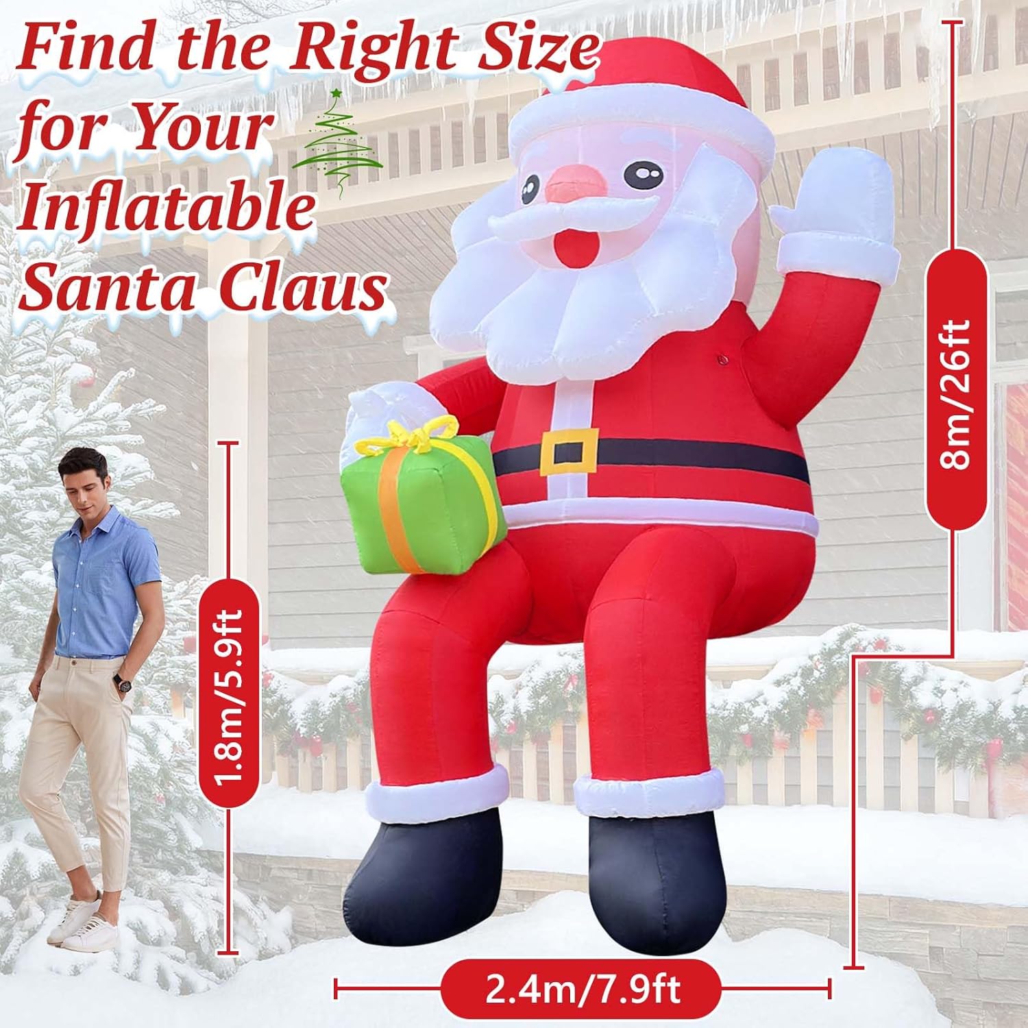 26Ft Inflatable Santa Claus Outdoor Christmas Decoration, Blow Up Santa With Led Lights Built-In Fan For Yard, Lawn, Hol