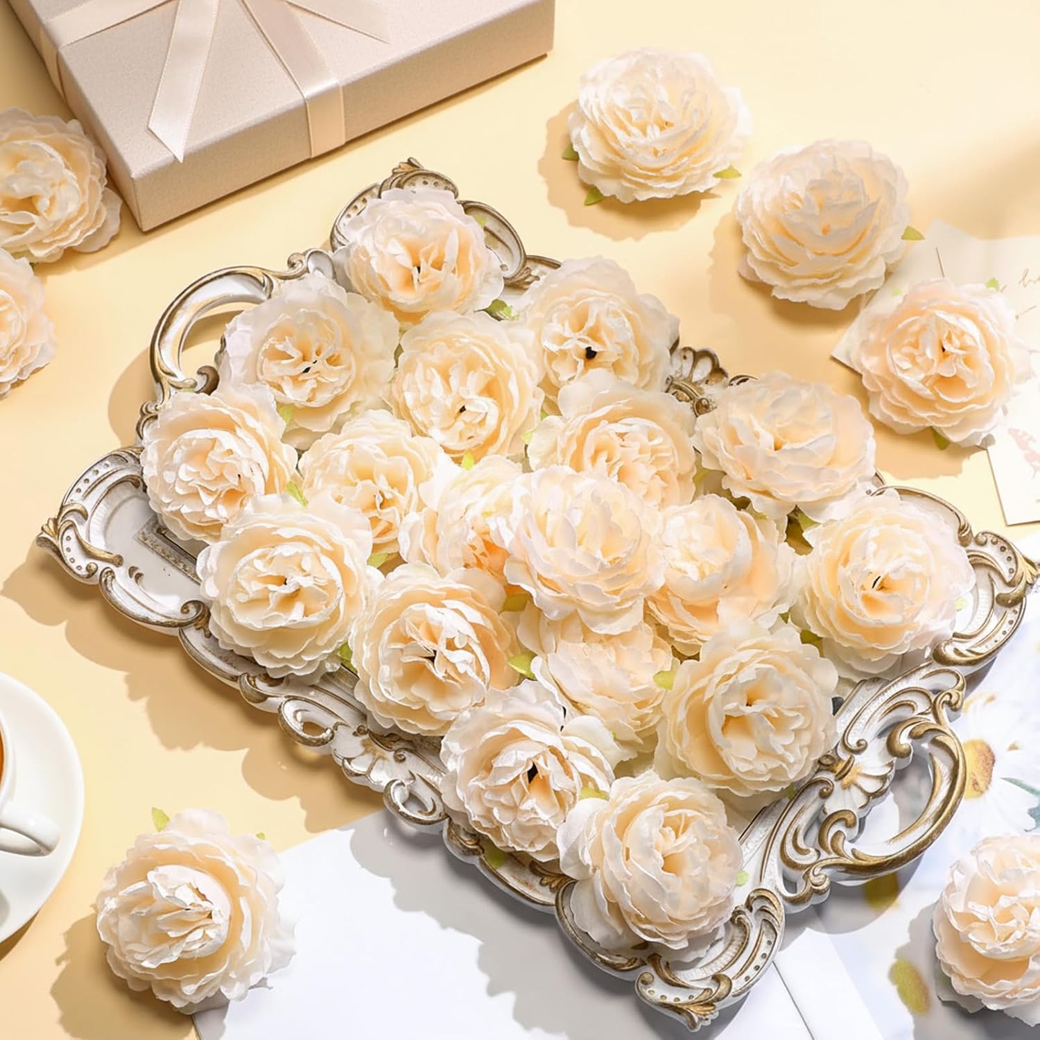 200 Pcs Flowers Long Stem Artificial Rose Bulk, 3.2 Inches Silk Rose Head Flowers Faux For Wedding Bridal Bouquet Independence Day Home Floral Diy Centerpieces Party Decoration(Champagne)