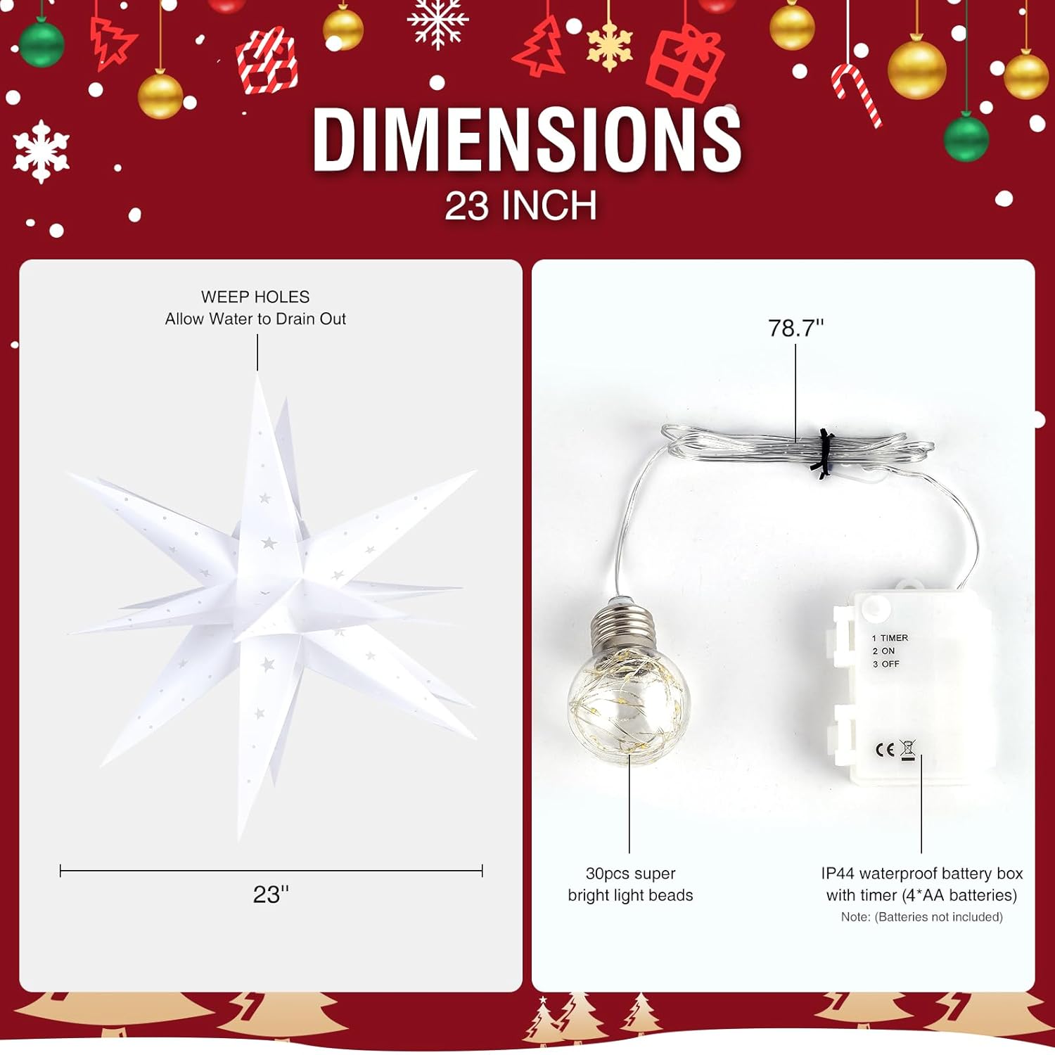 23" Moravian Star Outdoor Light - 18 Point White Christmas Star Indoor, 3D White Pvc, Waterproof Ip44, Battery Operated