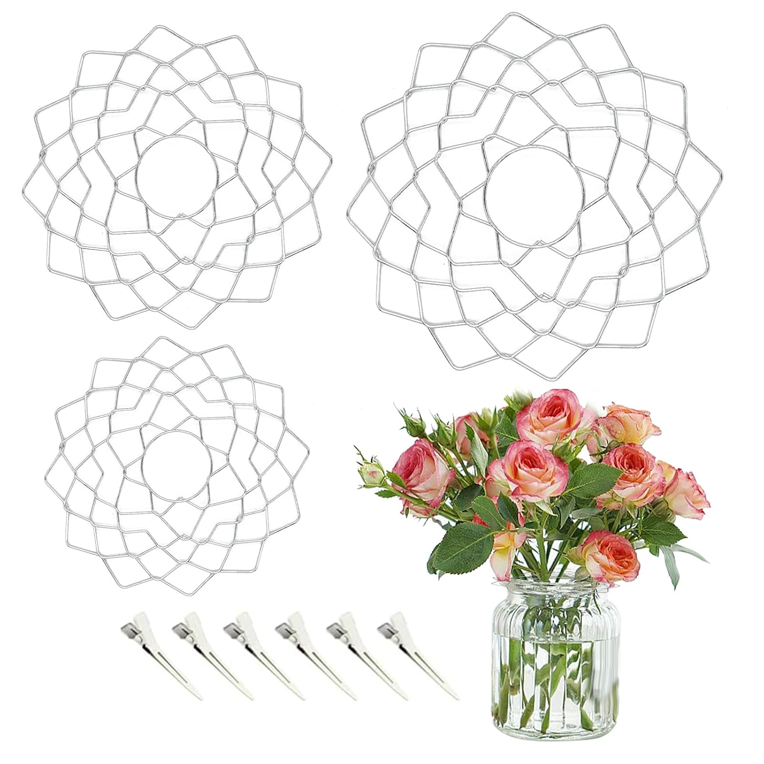 3 Size Flower Frog Grid Bouquet Stem Holder For Vase Artificial Flowers Arrangement,Flower Arranging Floral Frogs Kenzan Lid With Clips For Ikebana Floristry Supplies Accessories