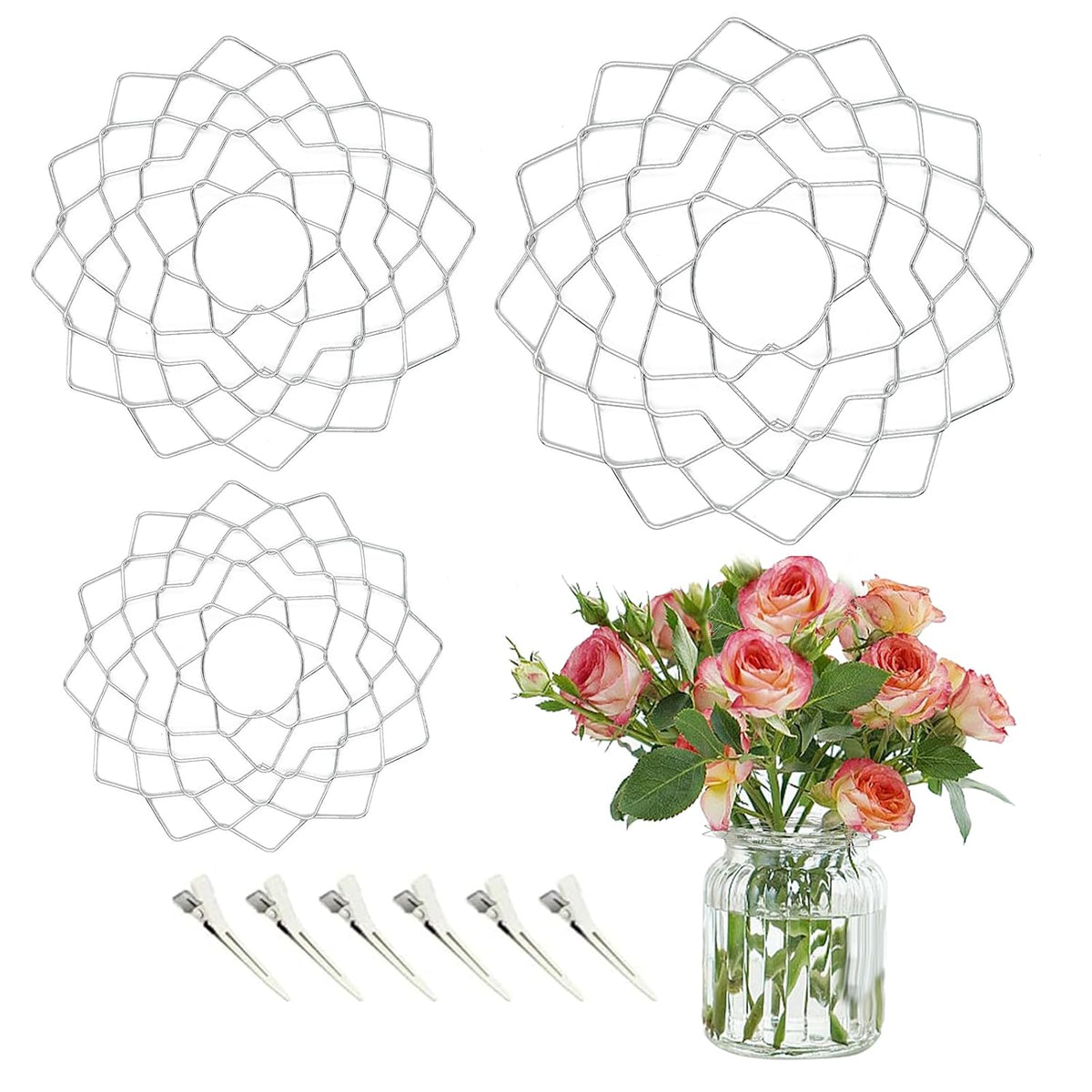 3 Size Flower Frog Grid Bouquet Stem Holder For Vase Artificial Flowers Arrangement,Flower Arranging Floral Frogs Kenzan Lid With Clips For Ikebana Floristry Supplies Accessories