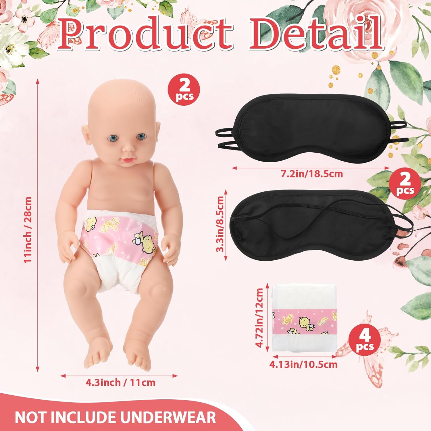 9 Pcs Baby Shower Game Supplies For Blindfold Diaper Changing Baby Dolls With Blindfolds Diapers Baby Changing Diaper Race Game Set For Baby Shower (Pink,Flower)