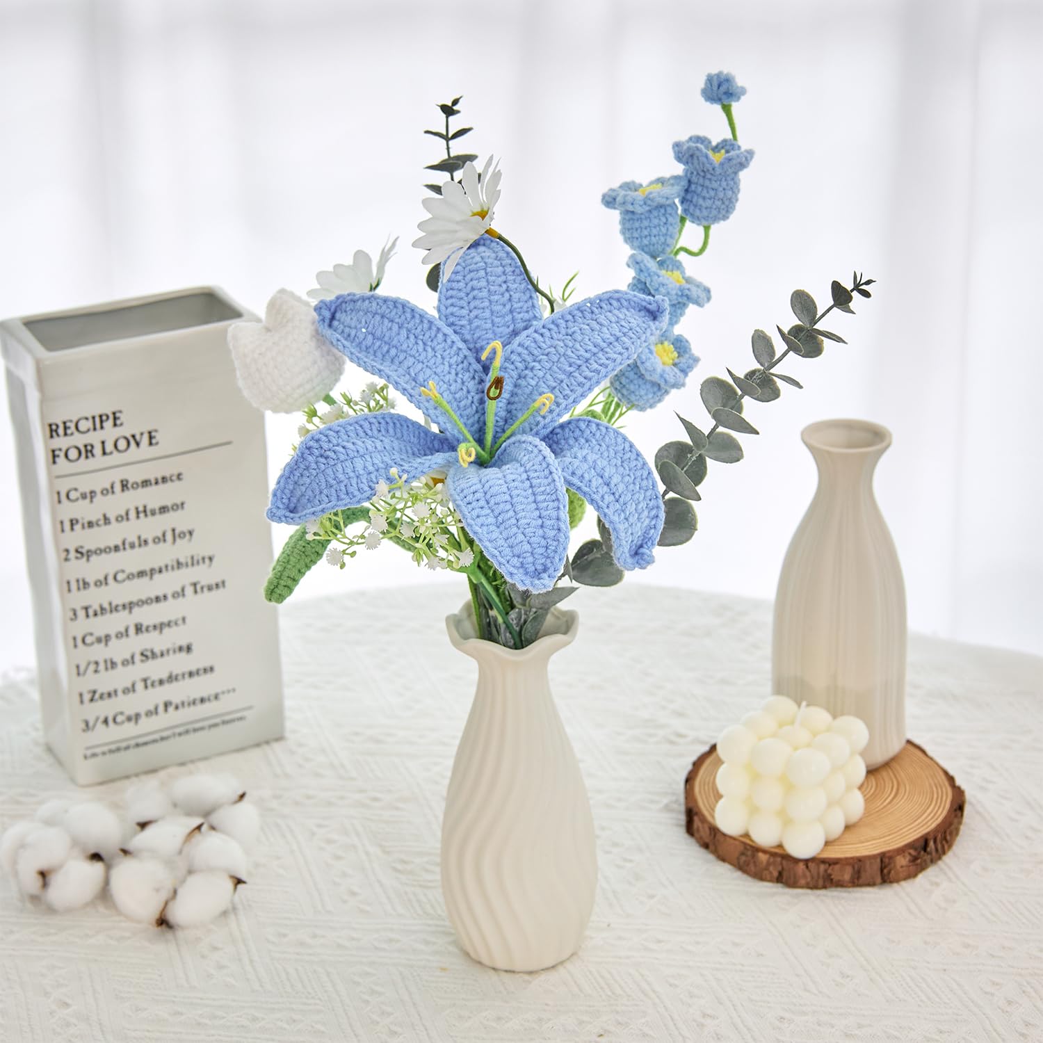 Crochet Flowers, Crochet Flower Bouquet Of Crochet Lily, Tulips, Lily Of The Valley, Handmade Artificial Flowers For Home Decor, Wedding, Anniversary, Birthday Gifts For Women (Include Card)