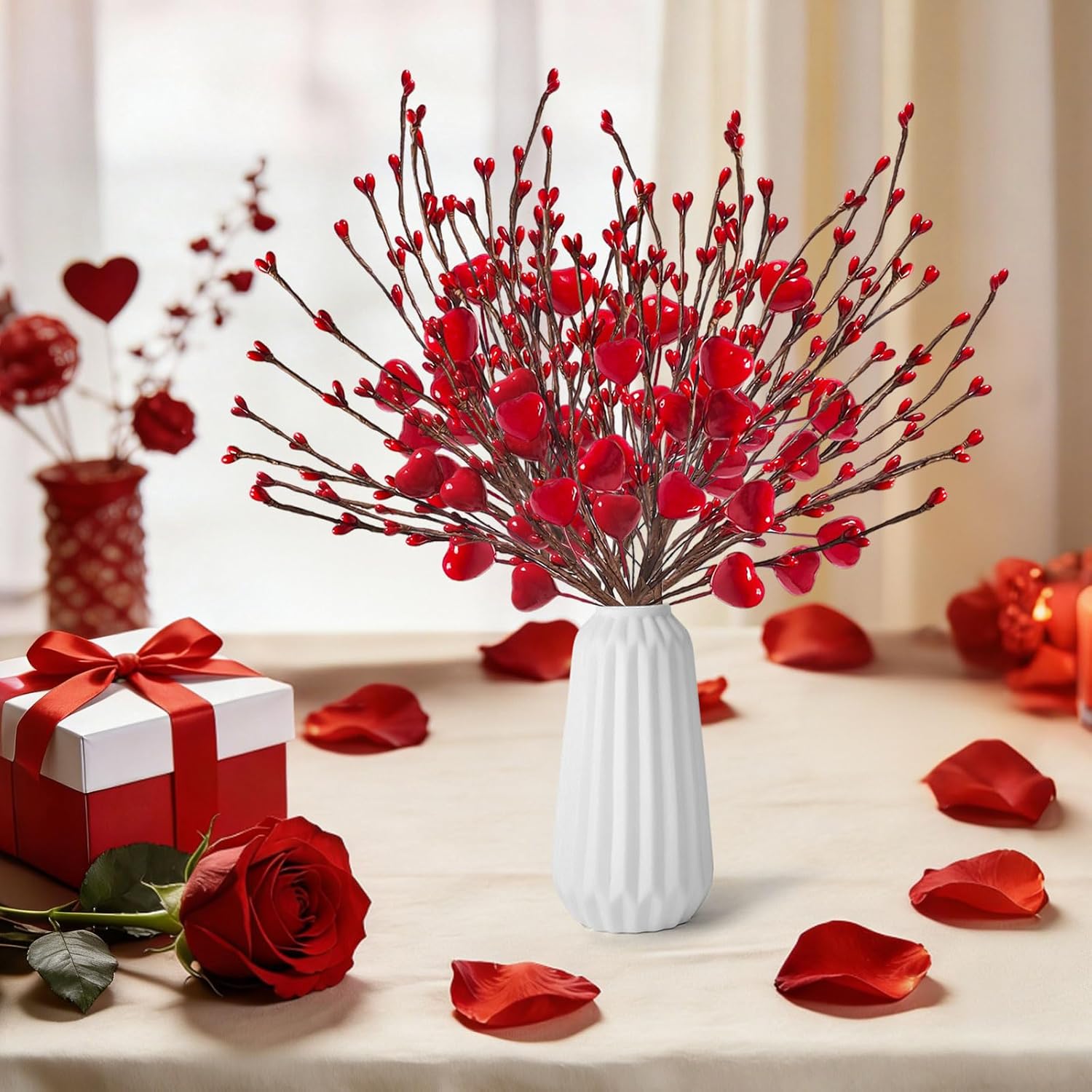 12Pcs Valentines Day Decorations Flowers Artificial Berry Floral,Red Valentine Heart Shaped Branches Gifts For Home,Valentines Party Decor,Wedding,New Year Decor