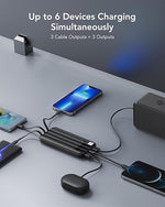 Slim 10000mAh Portable Charger with Built-in Cables, 6 Outputs for iPhone, Android