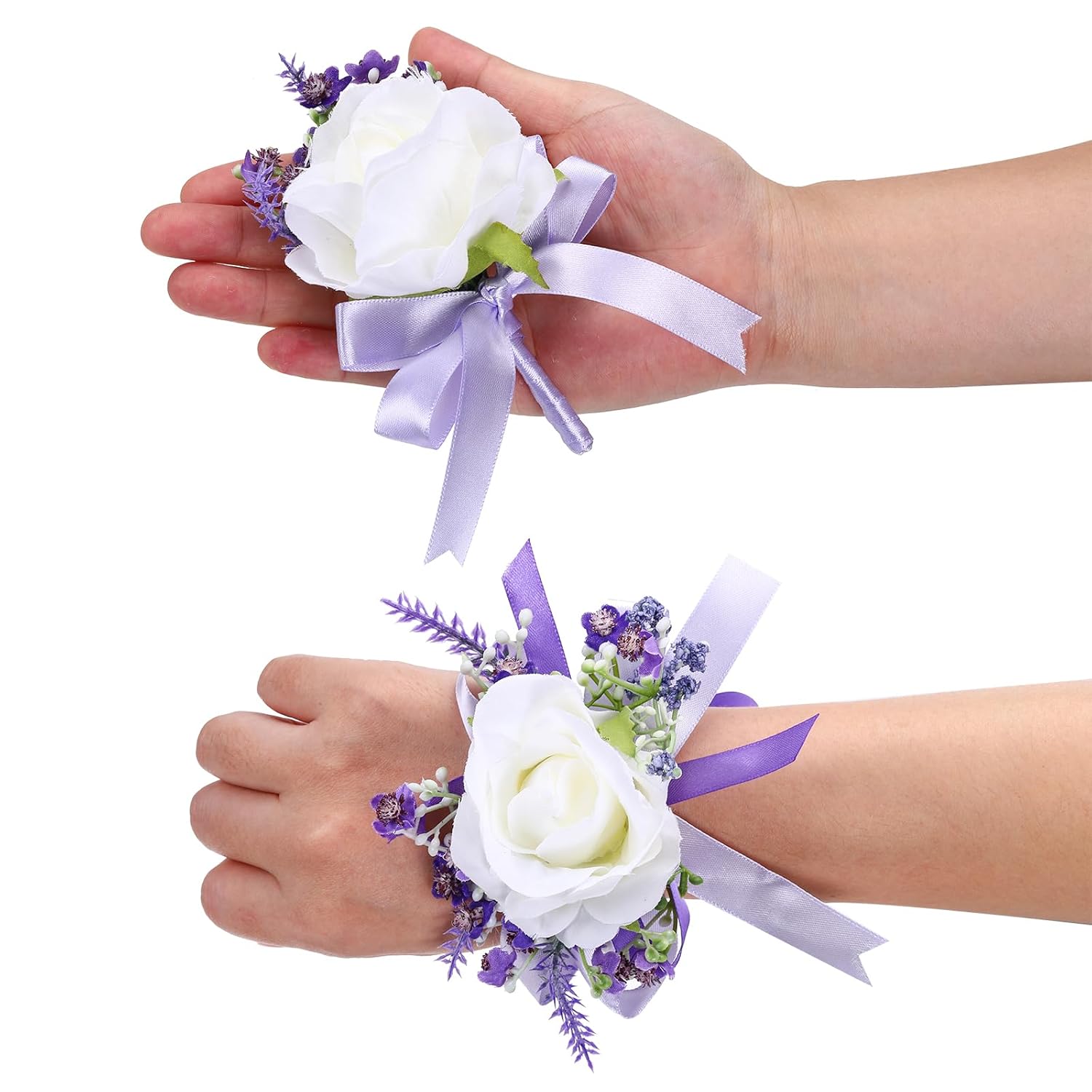 2 Pack Artificial Rose Wrist Corsage And Boutonnieres Set, White And Purple Corsage Wristlet Bride Men Groom Boutonnieres Suit For Wedding Homecoming Party Prom Decorations