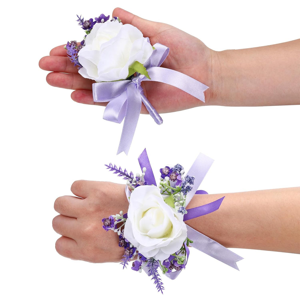 2 Pack Artificial Rose Wrist Corsage And Boutonnieres Set, White And Purple Corsage Wristlet Bride Men Groom Boutonnieres Suit For Wedding Homecoming Party Prom Decorations