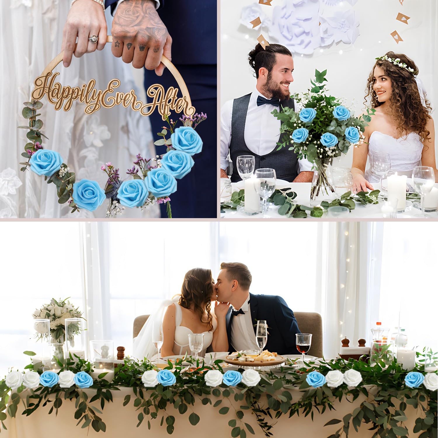 Artificial Flowers Blue Roses Real Looking Foam Fake Roses With Leaves And For Diy Wedding Bouquets Bridal Shower Centerpieces Party Decorations (50, Baby Blue)