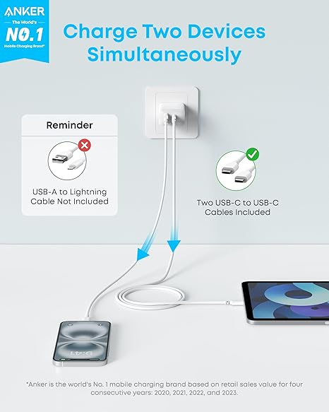 2 Pack 20W USB C Fast Charger Block with USB C Charging Cable for iPhone 17 16 iPad PD Wall Charger