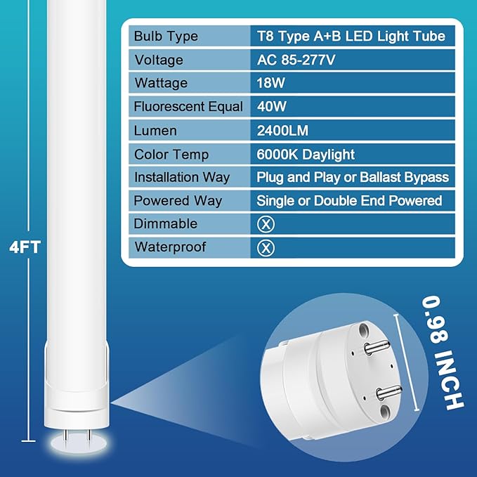 2 Pack 4FT T8 Type A B LED Tube Lights 6000K Daylight Plug and Play Ballast Bypass Replacement