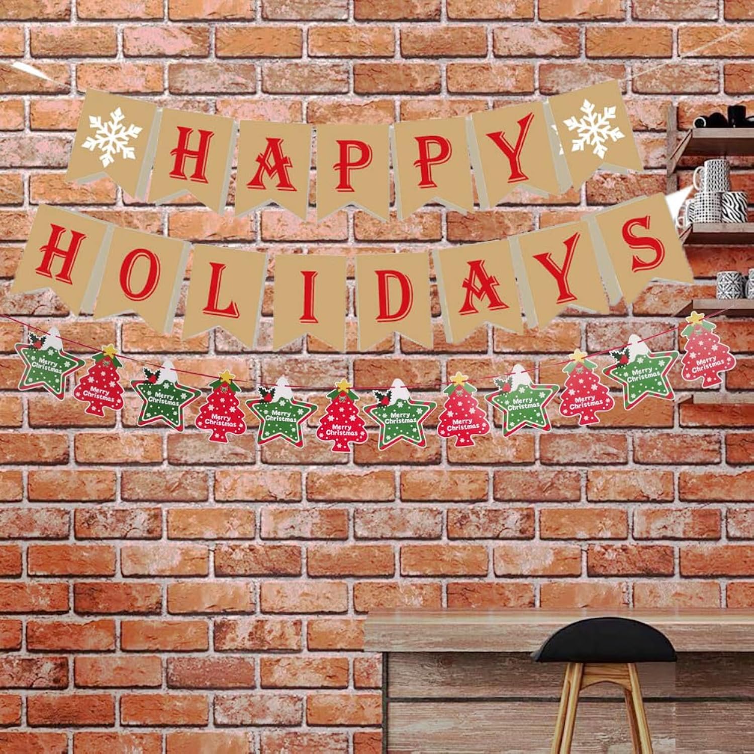 Happy Holidays Banner Kit, 2 Pieces Christmas Tree Bunting Garland, Xmas Holiday Welcome New Year Party Supplies Decorations For Home Office