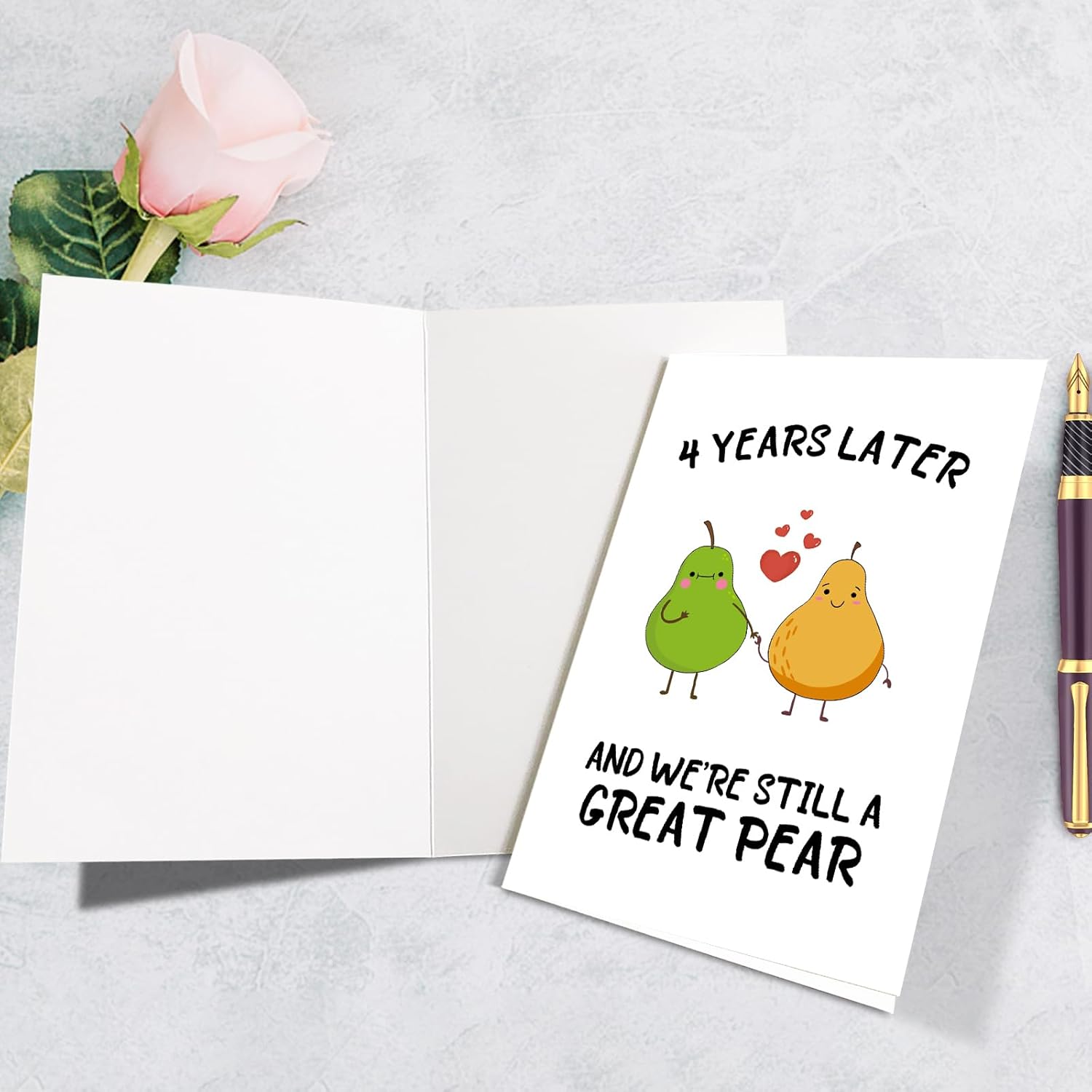 Funny 4Th Anniversary Card For Wife Husband, Sweet Four Years Card For Him Her, Cute Pear Love Card, Romantic Valentines Day Card