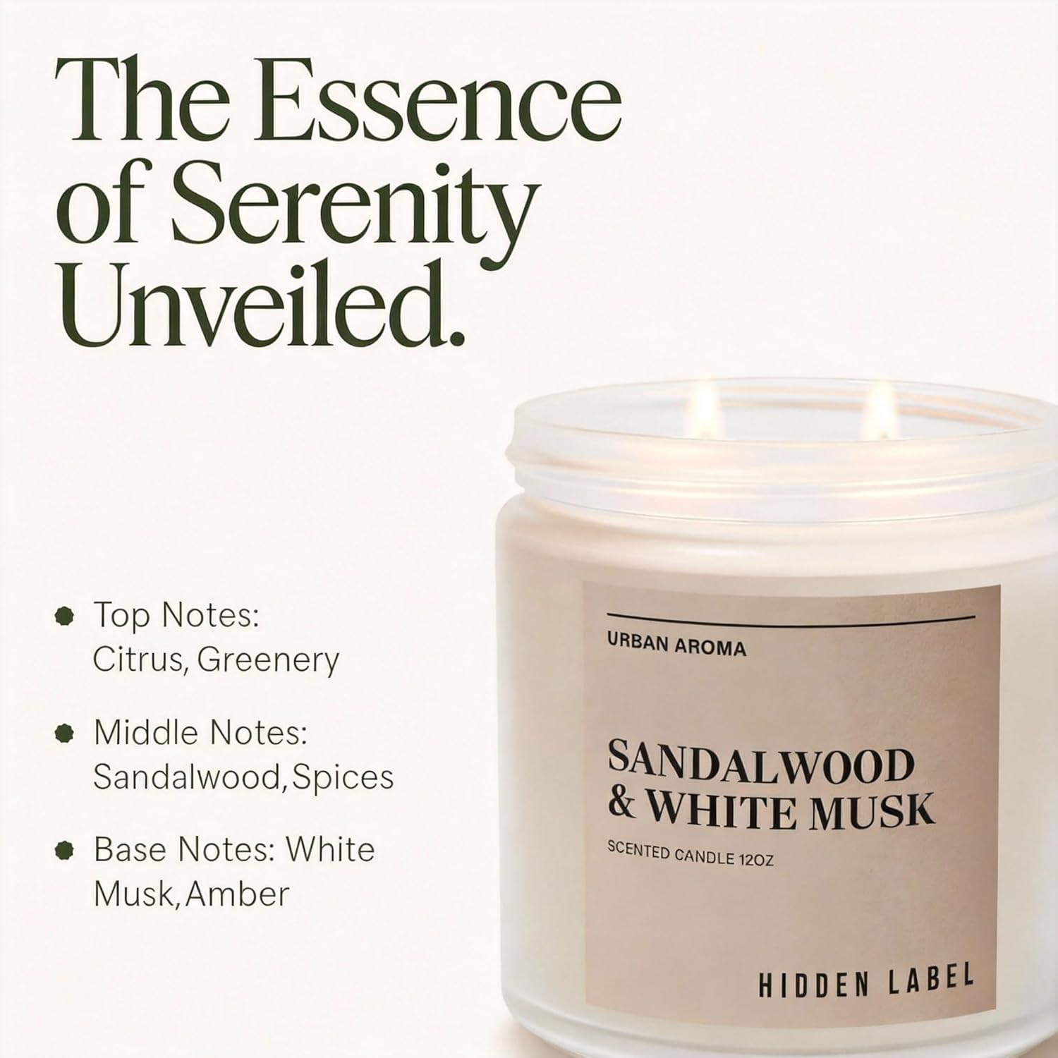 Sandalwood White Musk Scented Candle, 12Oz Natural Soy Wax, 2 Wick Aromatherapy Candles For Home, 70Hours Burn Time, Non Toxic, Clean Burn, Gifts For Women, Yoga, Stress Relief, Relaxation
